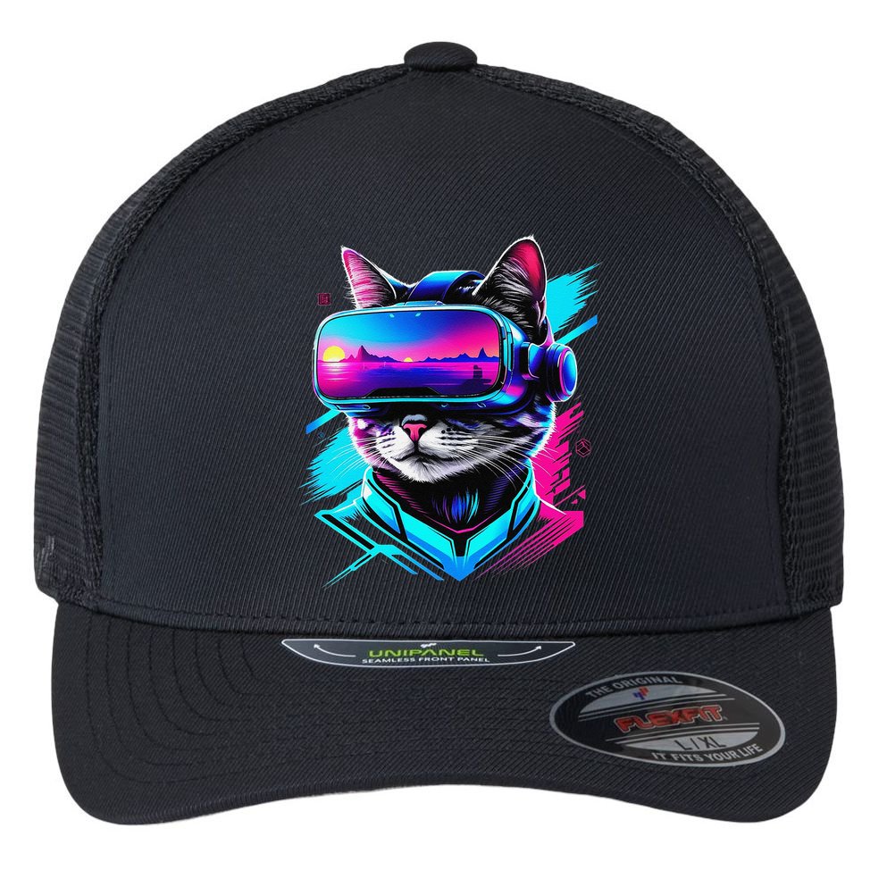 Funny Vr Gamer Cat In Vr Headset Virtual Reality Gaming Flexfit Unipanel Trucker Cap