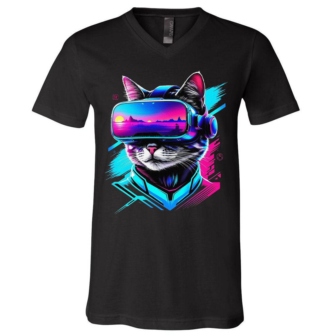 Funny Vr Gamer Cat In Vr Headset Virtual Reality Gaming V-Neck T-Shirt