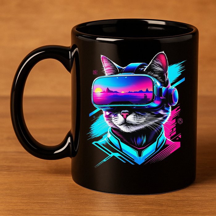 Funny Vr Gamer Cat In Vr Headset Virtual Reality Gaming 11oz C Handle Ceramic Mug