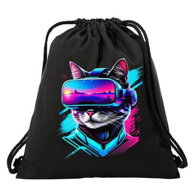 Funny Vr Gamer Cat In Vr Headset Virtual Reality Gaming Drawstring Bag