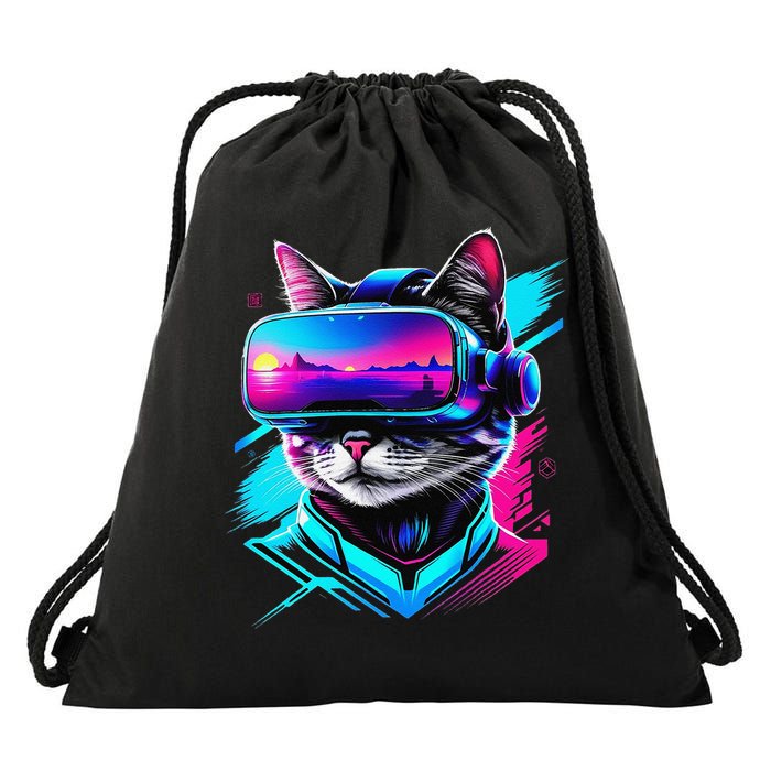 Funny Vr Gamer Cat In Vr Headset Virtual Reality Gaming Drawstring Bag