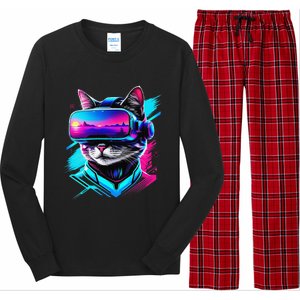 Funny Vr Gamer Cat In Vr Headset Virtual Reality Gaming Long Sleeve Pajama Set