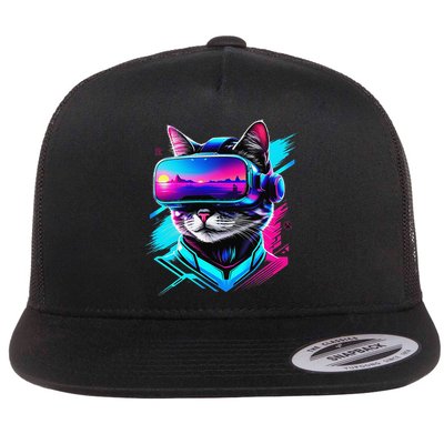 Funny Vr Gamer Cat In Vr Headset Virtual Reality Gaming Flat Bill Trucker Hat