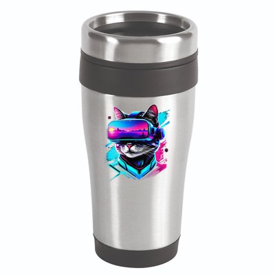 Funny Vr Gamer Cat In Vr Headset Virtual Reality Gaming 16oz Travel Tumbler