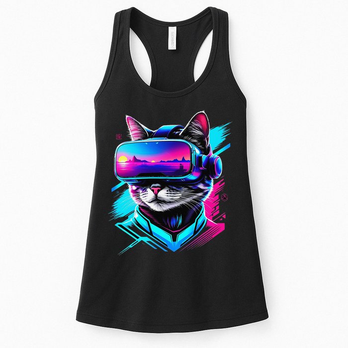 Funny Vr Gamer Cat In Vr Headset Virtual Reality Gaming Womens Tank Top