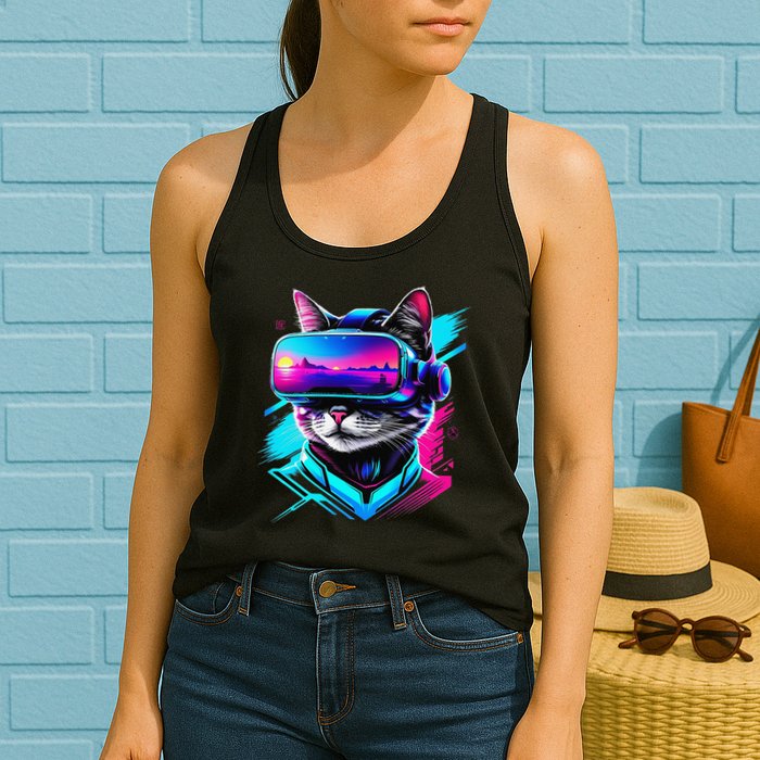 Funny Vr Gamer Cat In Vr Headset Virtual Reality Gaming Womens Tank Top