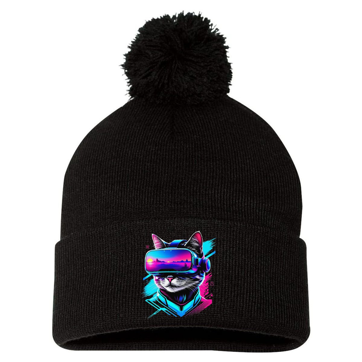 Funny Vr Gamer Cat In Vr Headset Virtual Reality Gaming Pom Pom 12in Knit Beanie