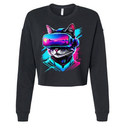 Funny Vr Gamer Cat In Vr Headset Virtual Reality Gaming Cropped Pullover Crew