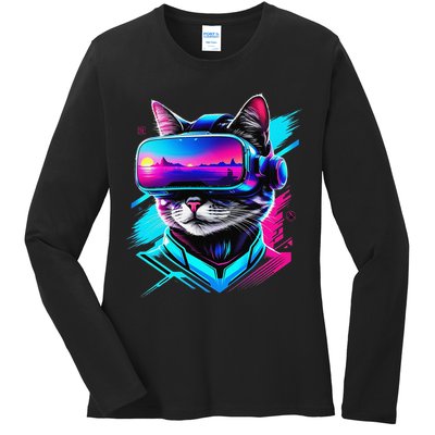 Funny Vr Gamer Cat In Vr Headset Virtual Reality Gaming Ladies Long Sleeve Shirt