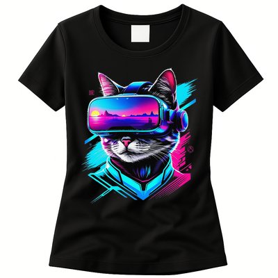 Funny Vr Gamer Cat In Vr Headset Virtual Reality Gaming Womens T-Shirt