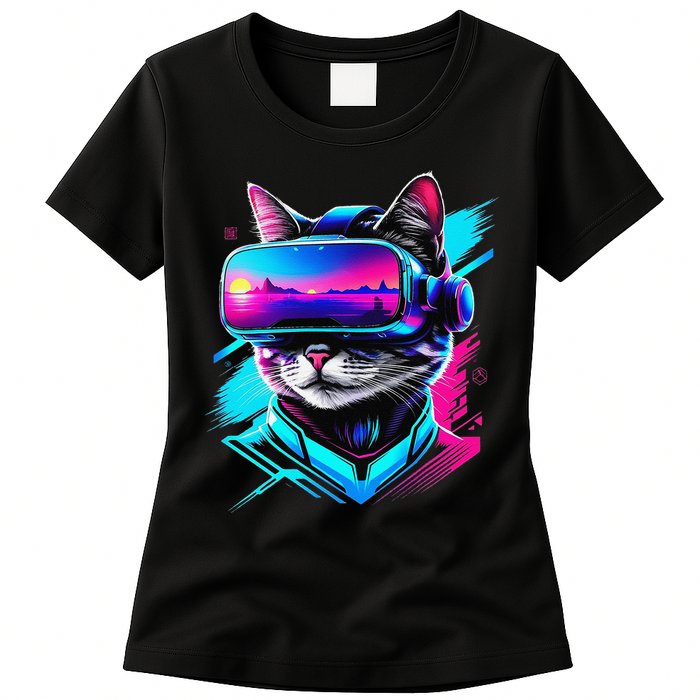 Funny Vr Gamer Cat In Vr Headset Virtual Reality Gaming Womens T-Shirt