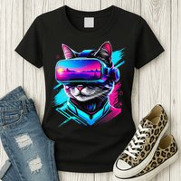 Funny Vr Gamer Cat In Vr Headset Virtual Reality Gaming Womens T-Shirt
