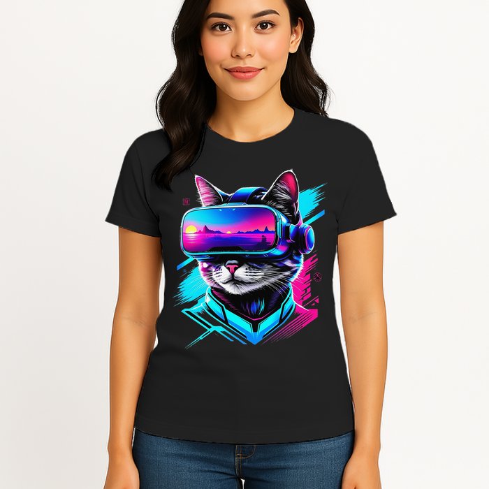 Funny Vr Gamer Cat In Vr Headset Virtual Reality Gaming Womens T-Shirt