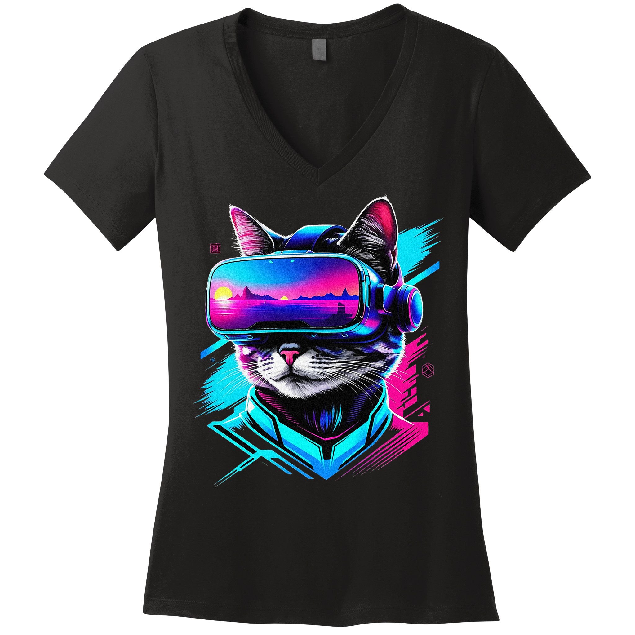 Funny Vr Gamer Cat In Vr Headset Virtual Reality Gaming Women's V-Neck T-Shirt