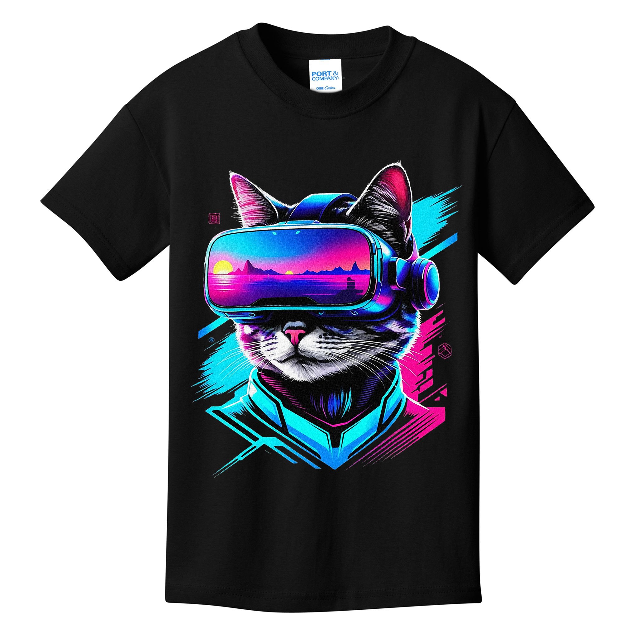 Funny Vr Gamer Cat In Vr Headset Virtual Reality Gaming Kids T-Shirt
