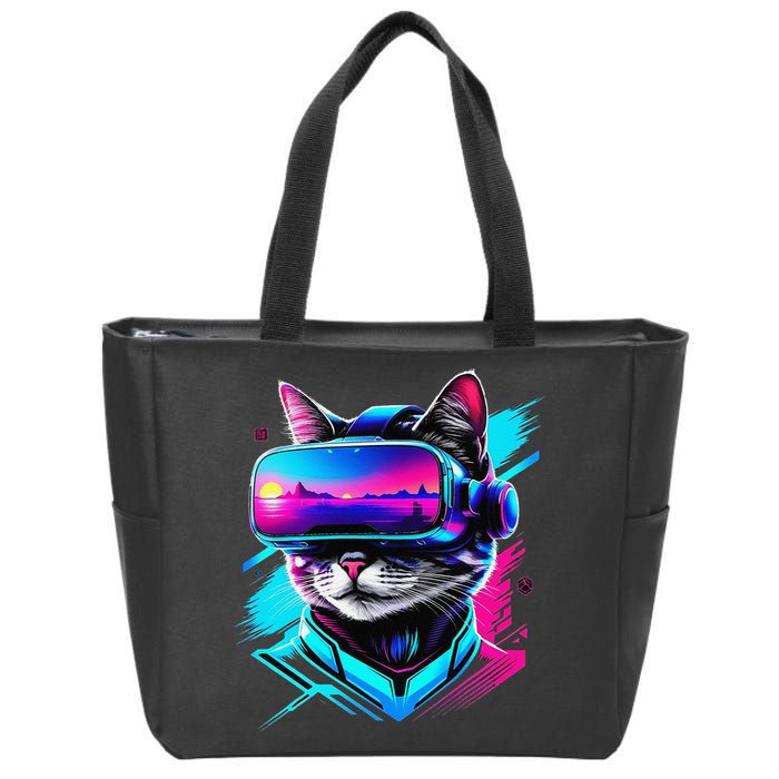 Funny Vr Gamer Cat In Vr Headset Virtual Reality Gaming Zip Tote Bag