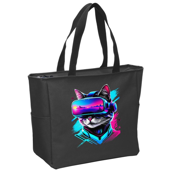 Funny Vr Gamer Cat In Vr Headset Virtual Reality Gaming Zip Tote Bag
