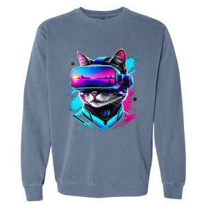 Funny Vr Gamer Cat In Vr Headset Virtual Reality Gaming Garment-Dyed Sweatshirt