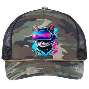 Funny Vr Gamer Cat In Vr Headset Virtual Reality Gaming Retro Rope Trucker Hat Cap