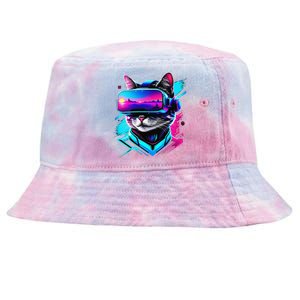 Funny Vr Gamer Cat In Vr Headset Virtual Reality Gaming Tie-Dyed Bucket Hat