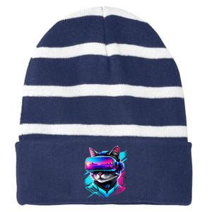 Funny Vr Gamer Cat In Vr Headset Virtual Reality Gaming Striped Beanie with Solid Band