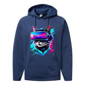 Funny Vr Gamer Cat In Vr Headset Virtual Reality Gaming Performance Fleece Hoodie