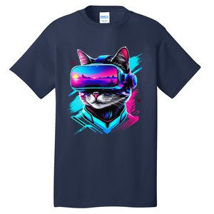 Funny Vr Gamer Cat In Vr Headset Virtual Reality Gaming Tall T-Shirt