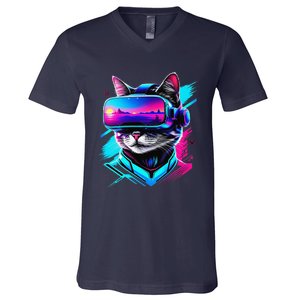 Funny Vr Gamer Cat In Vr Headset Virtual Reality Gaming V-Neck T-Shirt