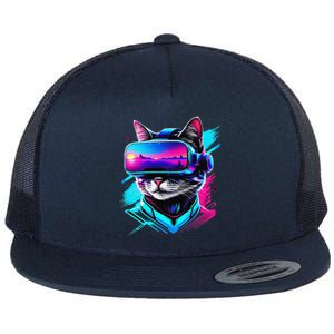 Funny Vr Gamer Cat In Vr Headset Virtual Reality Gaming Flat Bill Trucker Hat