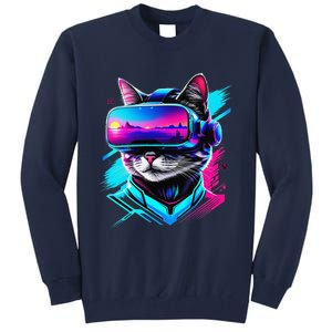 Funny Vr Gamer Cat In Vr Headset Virtual Reality Gaming Tall Sweatshirt