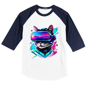 Funny Vr Gamer Cat In Vr Headset Virtual Reality Gaming Baseball Sleeve Shirt