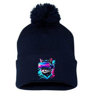 Funny Vr Gamer Cat In Vr Headset Virtual Reality Gaming Pom Pom 12in Knit Beanie