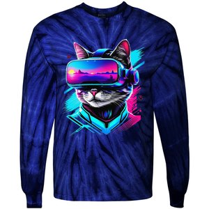 Funny Vr Gamer Cat In Vr Headset Virtual Reality Gaming Tie-Dye Long Sleeve Shirt