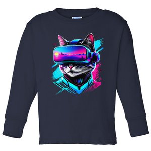 Funny Vr Gamer Cat In Vr Headset Virtual Reality Gaming Toddler Long Sleeve Shirt