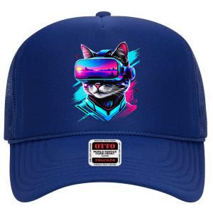 Funny Vr Gamer Cat In Vr Headset Virtual Reality Gaming High Crown Mesh Back Trucker Hat