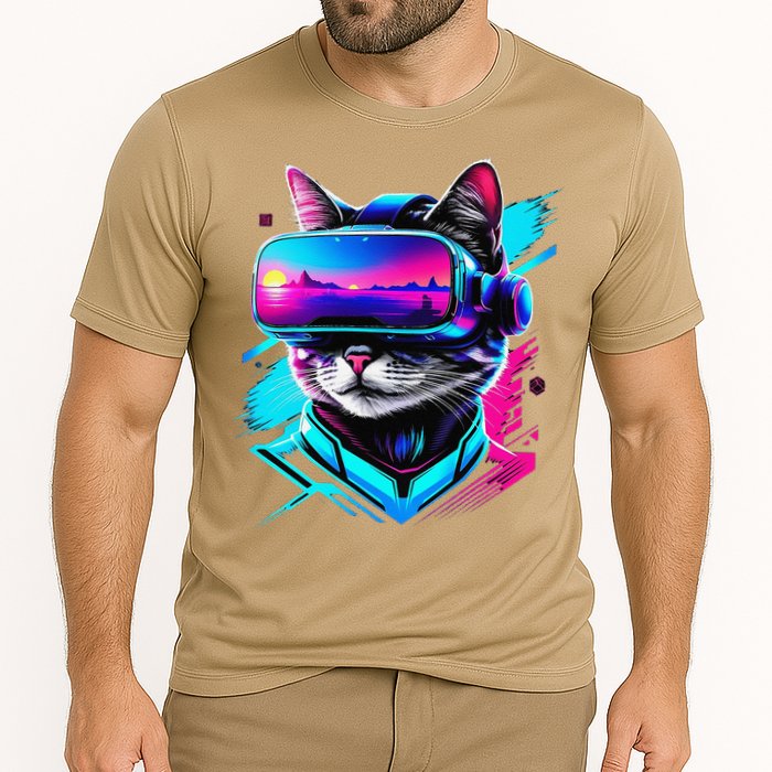 Funny Vr Gamer Cat In Vr Headset Virtual Reality Gaming Cooling Performance Crew T-Shirt