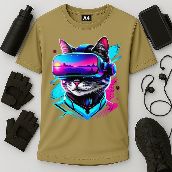 Funny Vr Gamer Cat In Vr Headset Virtual Reality Gaming Cooling Performance Crew T-Shirt