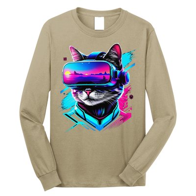 Funny Vr Gamer Cat In Vr Headset Virtual Reality Gaming Long Sleeve Shirt