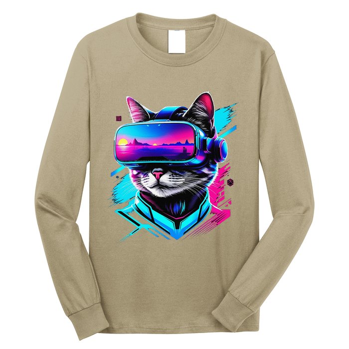 Funny Vr Gamer Cat In Vr Headset Virtual Reality Gaming Long Sleeve Shirt