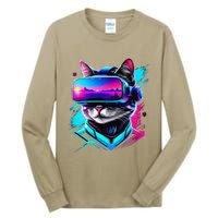 Funny Vr Gamer Cat In Vr Headset Virtual Reality Gaming Tall Long Sleeve T-Shirt