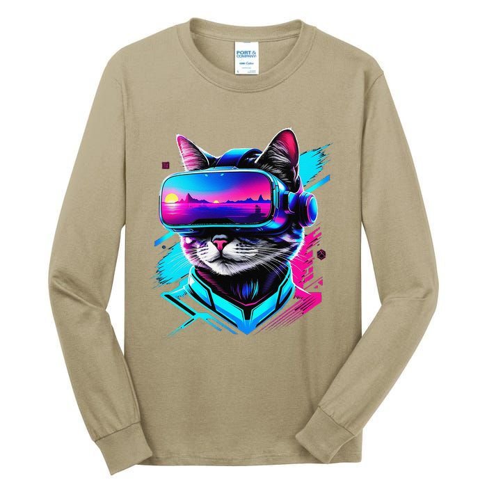 Funny Vr Gamer Cat In Vr Headset Virtual Reality Gaming Tall Long Sleeve T-Shirt