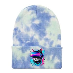 Funny Vr Gamer Cat In Vr Headset Virtual Reality Gaming Tie Dye 12in Knit Beanie