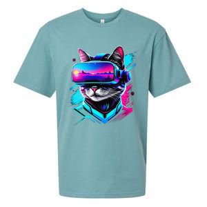 Funny Vr Gamer Cat In Vr Headset Virtual Reality Gaming Sueded Cloud Jersey T-Shirt