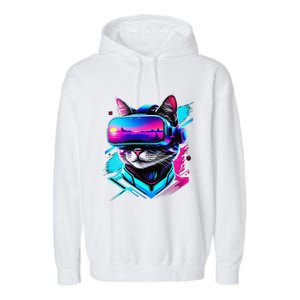 Funny Vr Gamer Cat In Vr Headset Virtual Reality Gaming Garment-Dyed Fleece Hoodie