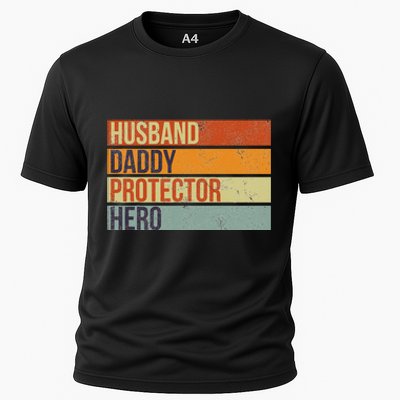 Funny Vintage Husband Daddy Protector Hero Fathers Day Dad Cooling Performance Crew T-Shirt