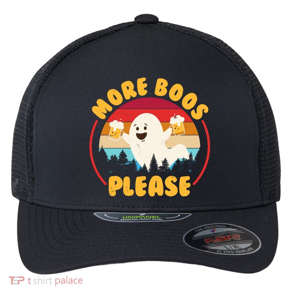 Funny Vintage Halloween More Boos Please Beer Lover Ghost Flexfit Unipanel Trucker Cap