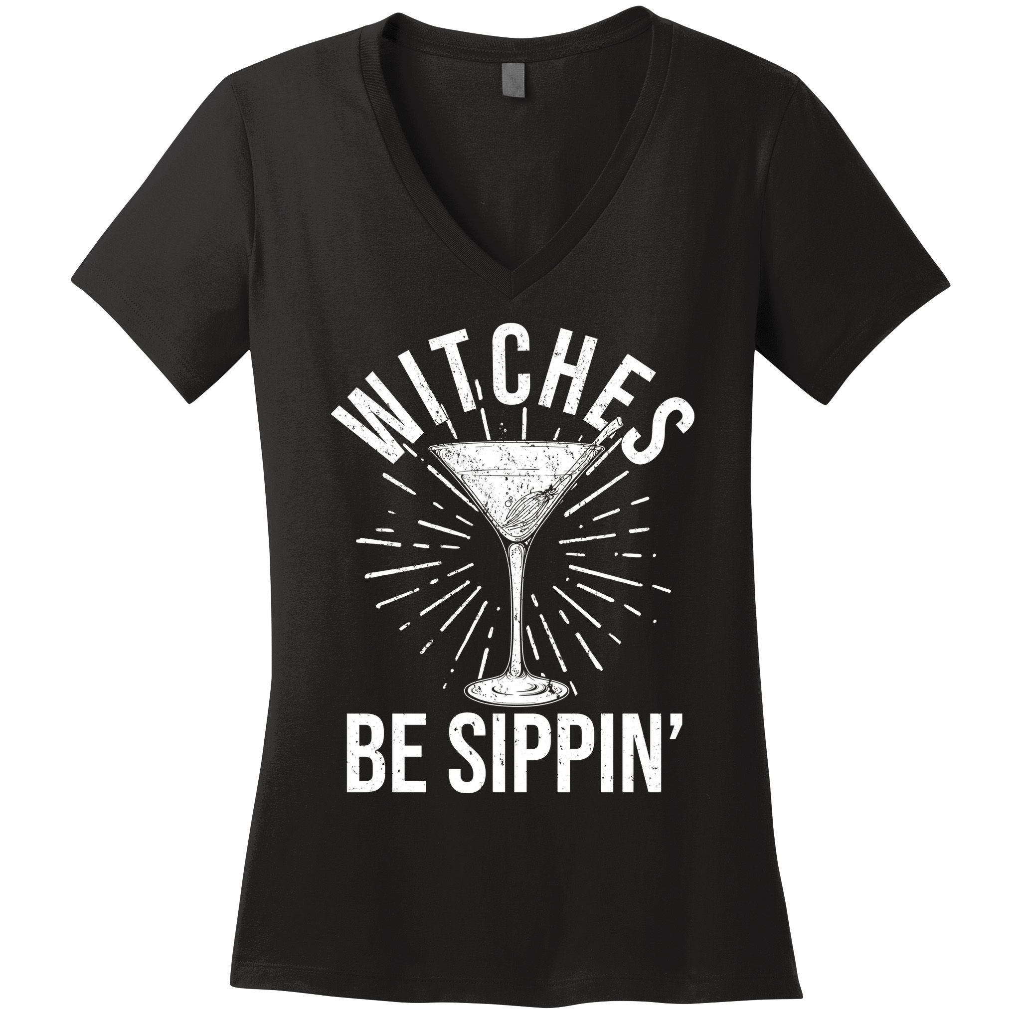Funny Vintage Halloween Witches Be Sippin Martini Women's V-Neck T-Shirt