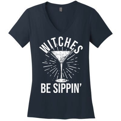 Funny Vintage Halloween Witches Be Sippin Martini Women's V-Neck T-Shirt