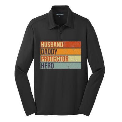 Funny Vintage Husband Daddy Protector Hero Fathers Day Dad Silk Touch Performance Long Sleeve Polo