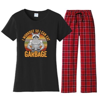 Funny Vintage I Workout So I Can Eat Garbage Raccoon Retro Women's Flannel Pajama Set